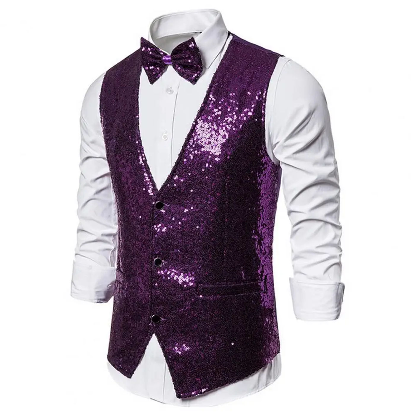 Description Picture 6 of itemMen Suit Vest Bow Set V Neck Sleeveless Single-breasted Vest Jacket SLim Fit Cardiagn Stage Show Emcee Performance Men Waistcoat