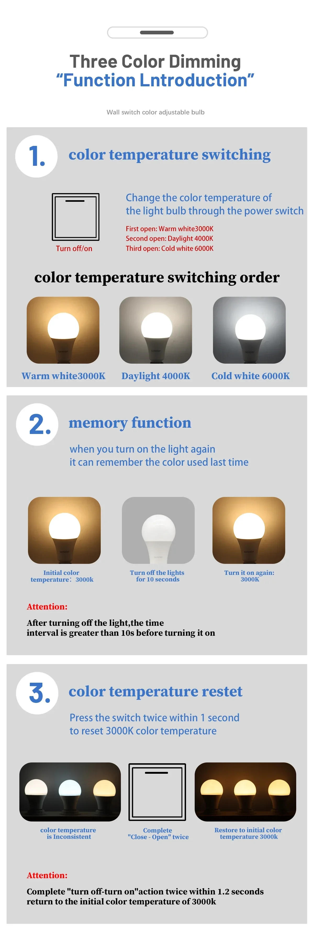 Description Picture 5 of item1-20pcs LED 3 Color adjusted Bulb AC110V 220V E27 B22 base Light Bulb 3CCT（3000K 4000K 6000K） Memory Function Color Temp Reset