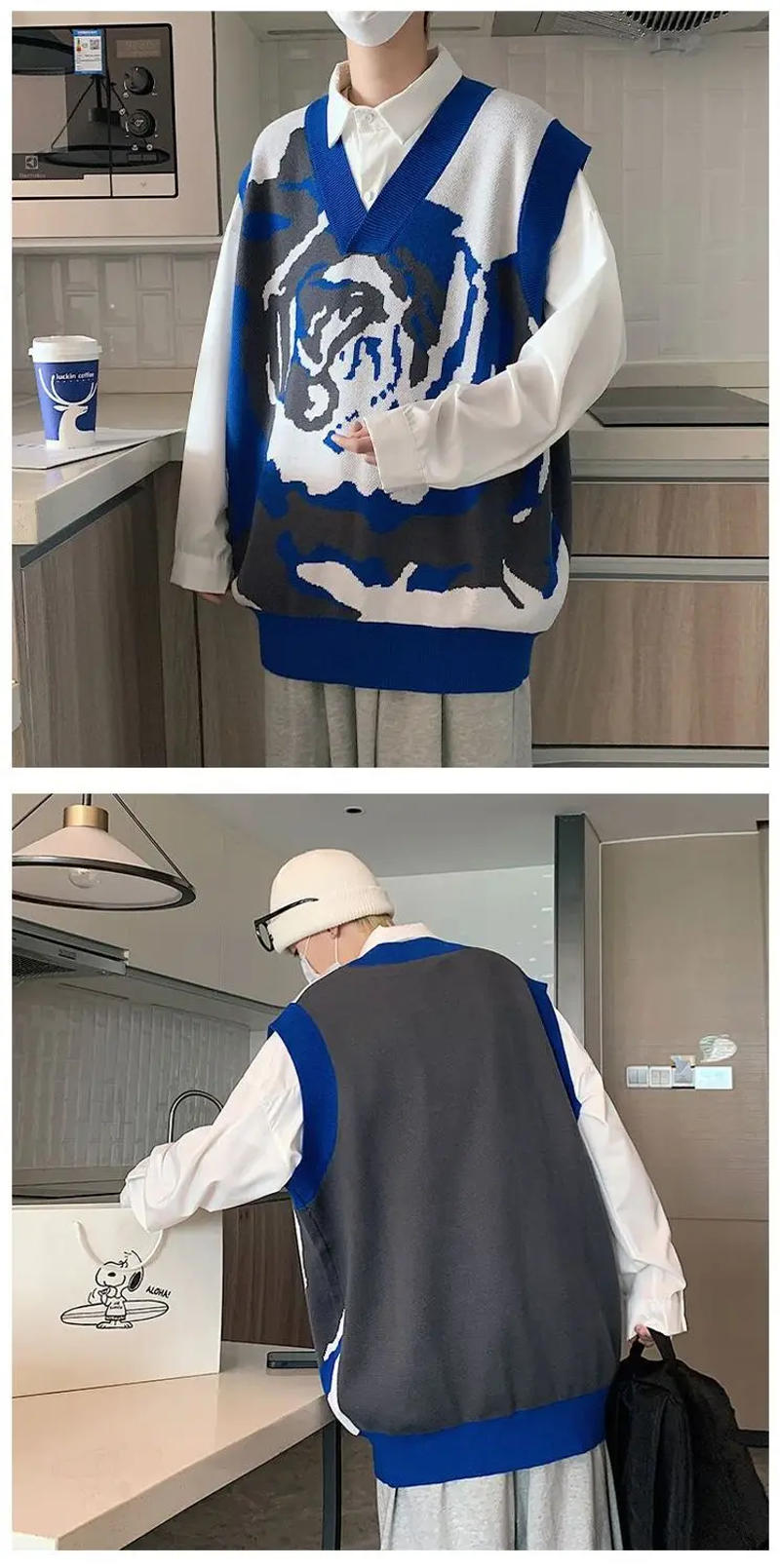 Description Picture 3 of itemSweater Vest Men Thicken V-neck Sleeveless Knitted Sweaters Vests Retro Preppy-style Chic Loose Casual All-match 2023 C26