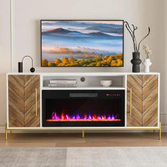68" Wood TV Stand with 36" Electric Fireplace Entertainment Center with Storage Cabinet Console Table for TVs up to 75 Inches