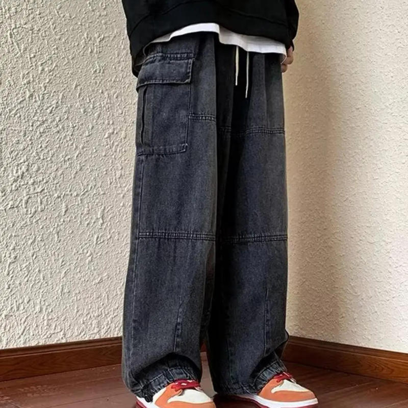 Description Picture 4 of itemSolid Color Trousers Stylish Oversized Cargo Pants with Elastic Waist Multiple Pockets Baggy Denim Trousers for Men Wide Leg