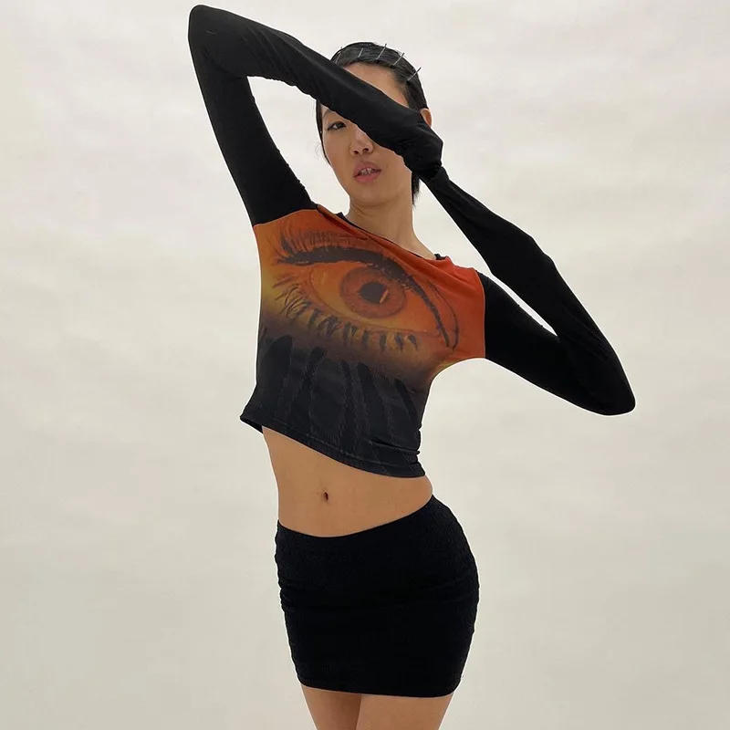 Description Picture 6 of itemWomen's Long Sleeve O-Neck Crop Top, Aesthetic Clothes, Graphic T Shirt Pullover, Eyes Printed, Y2K Accessories, Sexy Streetwear