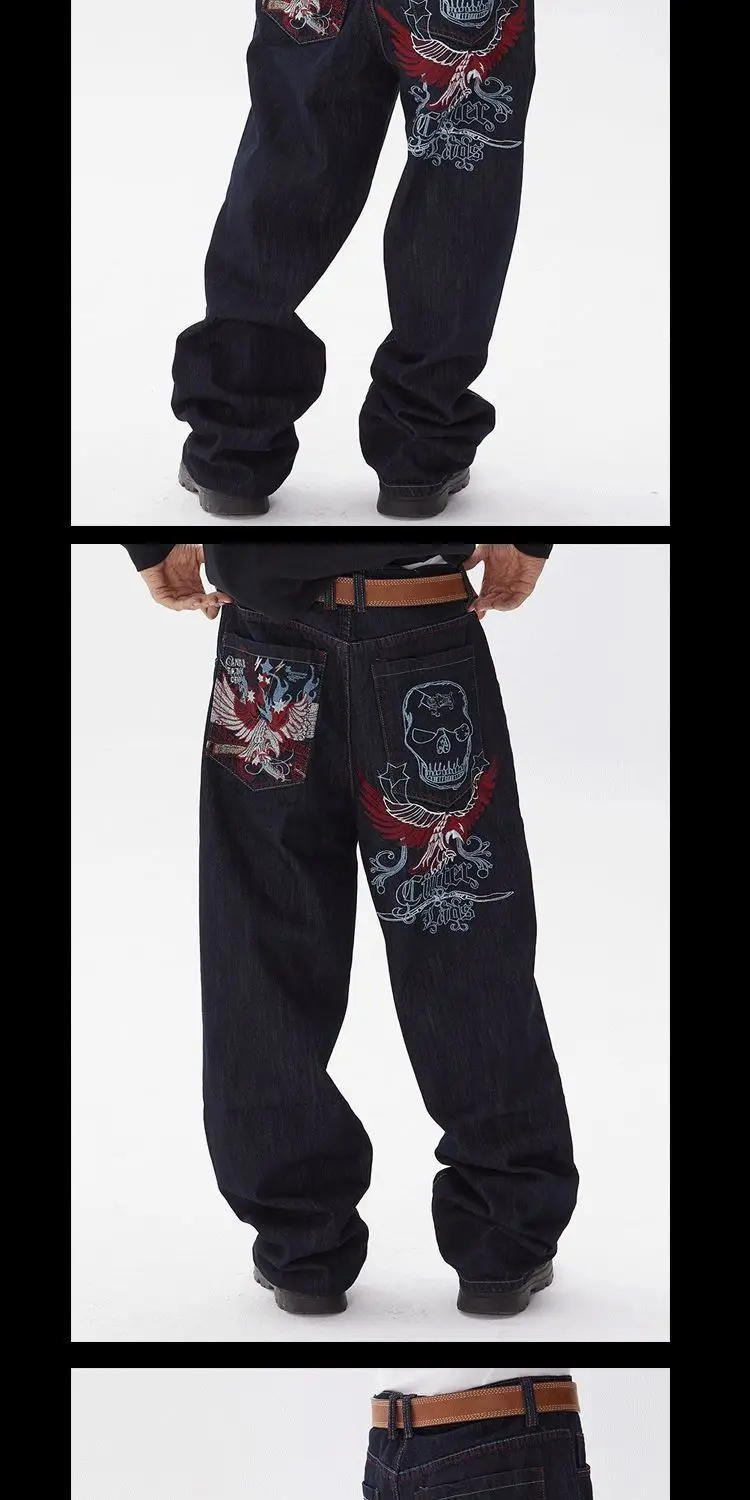 Description Picture 5 of itemAmerican Skull Embroidered Loose Casual Jeans Embroidered Baggy Jeans Denim Men Women Goth High Waist Wide Trousers Y2k Pants