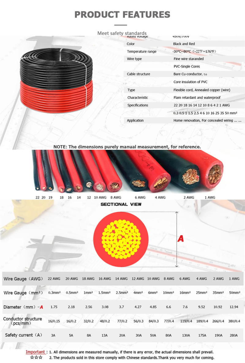Description Picture 6 of itemCopper wire PVC Flexible Electric cable Very Soft Strand wire Auto led Speaker Audio Power Car Wiring 1 2 4 6 8 10 AWG Black Red