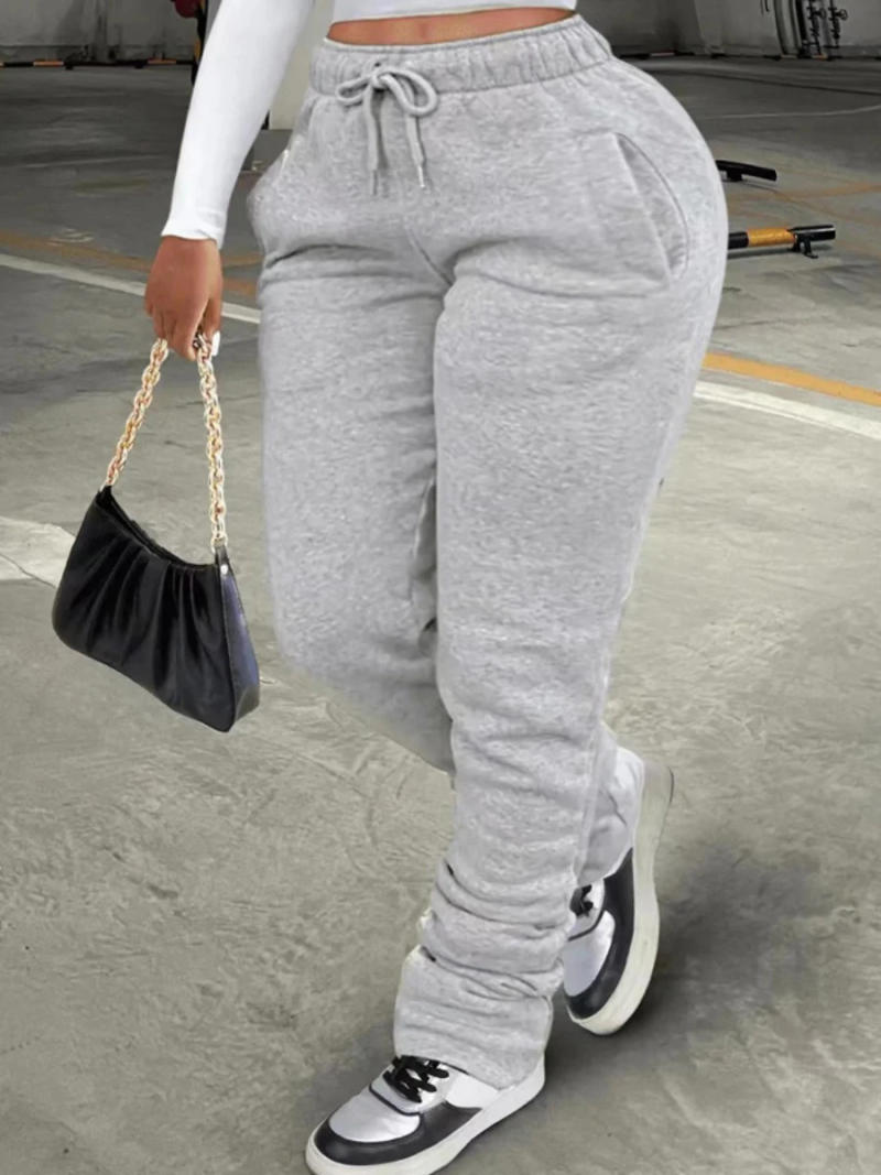 Description Picture 4 of itemLW Plus Size Plain Pocket Sweatpants Mid Waist Drawstring Ruched Women Pants Stacked Trousers Sporty Casual Daily Bottoms