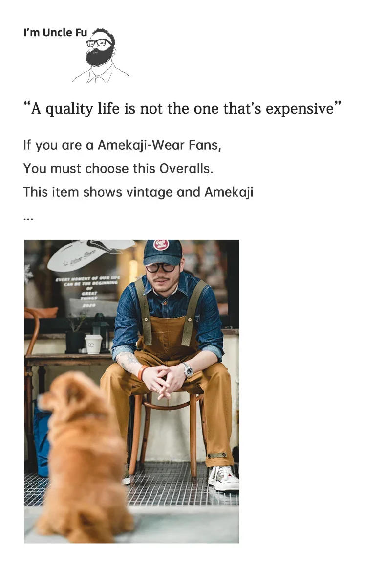 Description Picture 3 of itemMaden 2023 New Men's Bib Pants American Vintage Loose Solid Jumpsuits Streetwear Multi Pockets Casual Suspenders Cargo Overalls