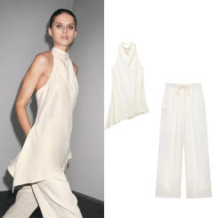 TRAF Women's Wide Leg Pants Set 2-piece Sexy Open Back Asymmetric Top Women's Pulling Rope Pants with Elastic Waist Women's Set