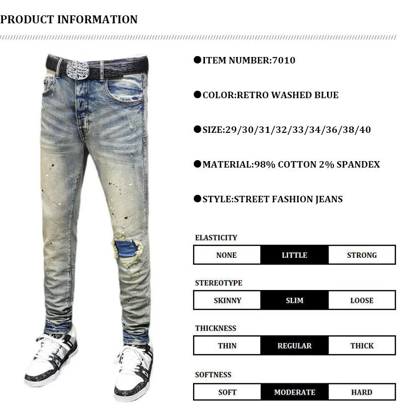 Description Picture 2 of itemHigh Street Fashion Men's Jeans Yellow Blue Vintage Split Colored Painted Jeans Designer Hip Hop Brand Tight Pants hombre