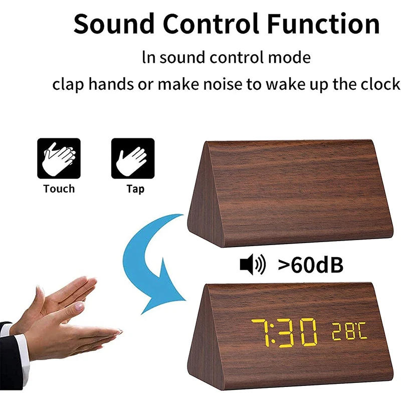 Description Picture 4 of itemDigital Clock Wooden Sound Control LED Alarm Clock with Temperature USB/AAA Desktop Clocks Snooze Desperadoes Home Table Decor