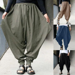 Pantalones bombachos holgados de lino de gran tamaño para hombre, pantalones de chándal informales con sobrepeso, pantalones cruzados en la entrepierna, Otoño, nuevo