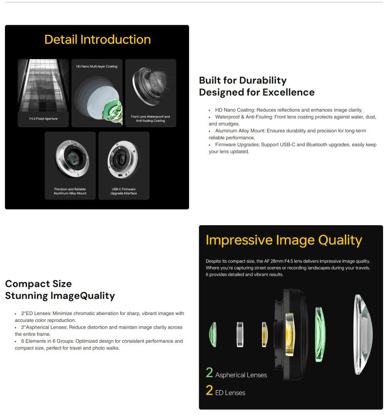 Description Picture 5 of itemViltrox 28mm F4.5 FE Full Frame Auto Focus Chips-Size Wide Angle Lens for Sony E Mount a7c/a7cr/a7cii/a6100/a6400/a6600/Zve-10