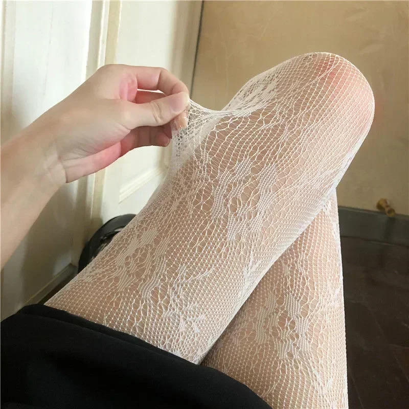 Description Picture 6 of item2024 Sexy Lace Flower Bottomed Stockings Gothic Black White Mesh Hollowed Pantyhose Female Floral Rattan Fishnet Tights Hosiery