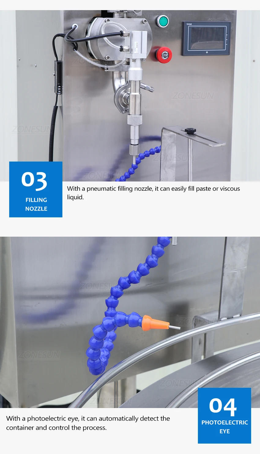 Description Picture 6 of itemZONESUN Paste Filling Machine ZS-VTRP1 Servo Motor Rotor Pump Bottle Filler with Unscrambler Cream Honey Sauce Food Packaging