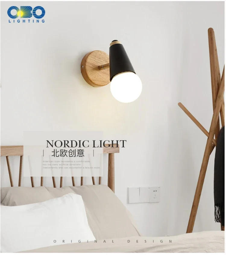 Description Picture 3 of itemModern Macaron Wall Lamp Iron Wood Mirror Light Bedside Bedroom Indoor Lighting E27 Light Bulb Retro  LED Wall Light Nordic