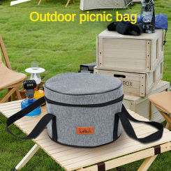 Oxford Cloth Round Camping Storage Bag Portable Cookware Food Fresh-Keeping Thermal Bag for Lunch Solid Color Picnic Basket