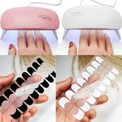 Black White French Gel Nail Wraps Sticker Semi-Cured Glitter Powder French Gel Nail Strips Long-Lasting LED Lamp UV Gel Slider
