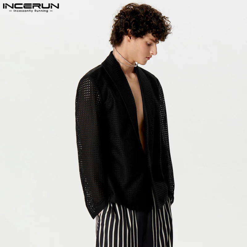 Description Picture 6 of itemHandsome Well Fitting Tops INCERUN Men's Hollow Mesh Solid Blazer Casual Party Shows Hot Sale Long Sleeved Suit Coats S-5XL 2023