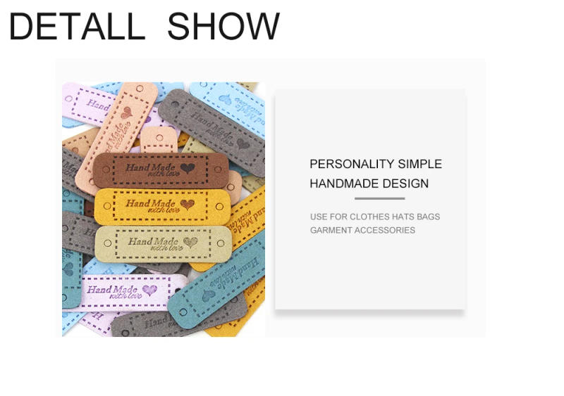 Description Picture 4 of item20Pcs 10Colors Label Handmade Leather Labels For Clothes Made With Love DIY Hats Basket Sewing Tags Knitting Accessories 56*15MM