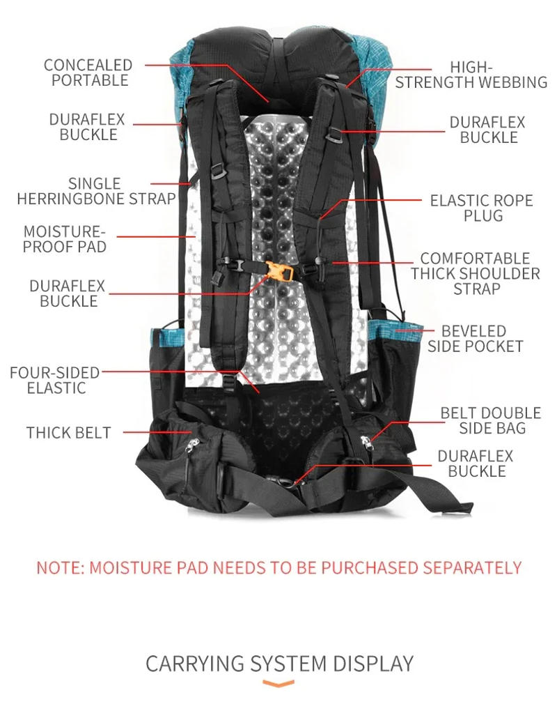 Description Picture 6 of item3F UL GEAR QiDian Hiking Backpack 40+16L Outdoor Waterproof Climbing Bag Qi Dian UltraLight Pack Trekking Men Women