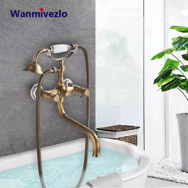 Description Picture 3 of itemAntique Brass Bathtub Shower Faucets Set Dual Knobs Mixer Tap Wall Mounted Bath Shower Set Swivel Tub Long Spout Bath Shower