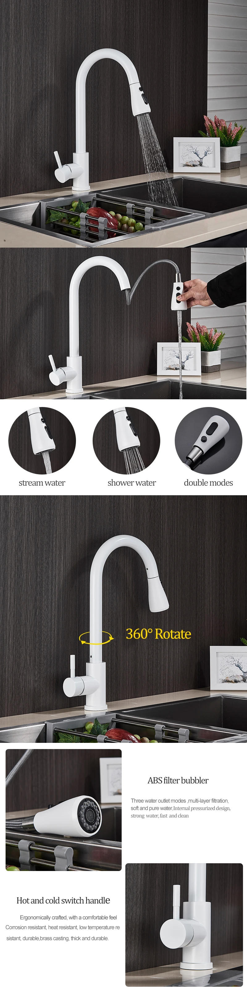 Description Picture 2 of itemSenlesen White Kitchen Faucet Pull Out Sprinkler Stream & Sprayer Modes Single Handle Deck Mount Hot Cold Water Mixer Sink Taps