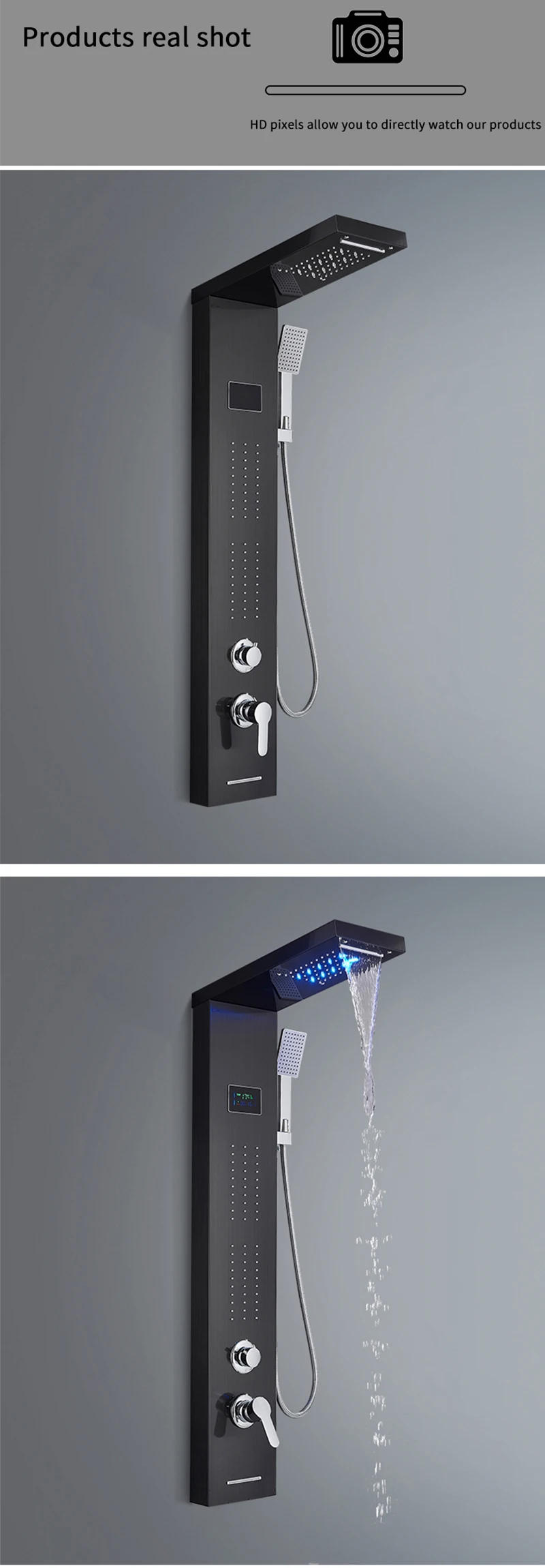 Description Picture 5 of itemLED Light Waterfall Shower Faucet SPA Massage Jet Black Bathroom Shower Column System Rainfall Shower Panel Bidet Sprayer Tap