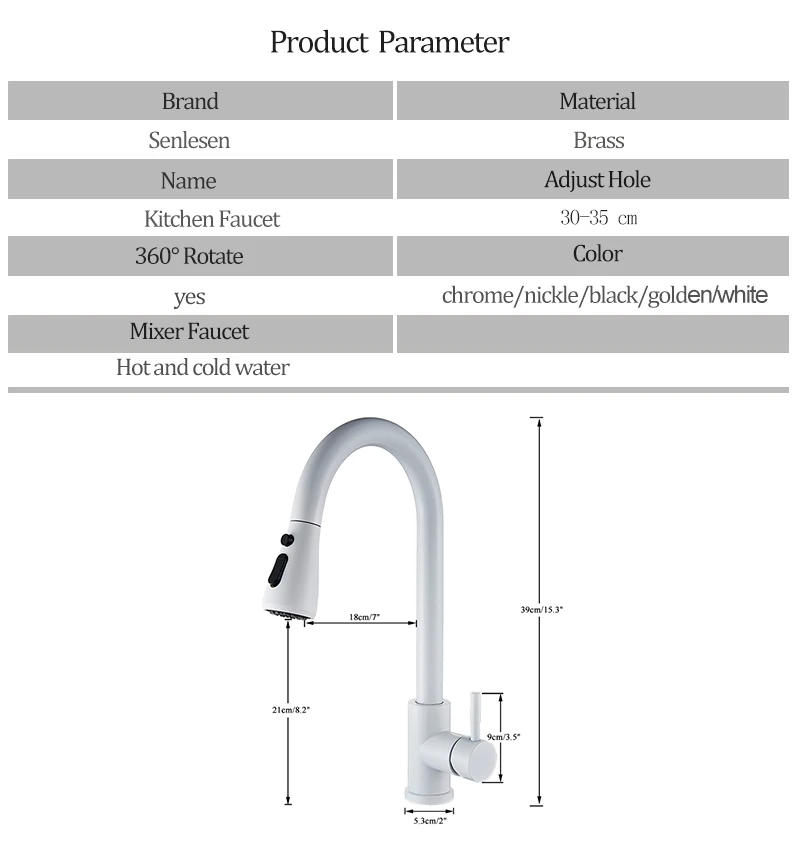 Description Picture 3 of itemSenlesen White Kitchen Faucet Pull Out Sprinkler Stream & Sprayer Modes Single Handle Deck Mount Hot Cold Water Mixer Sink Taps