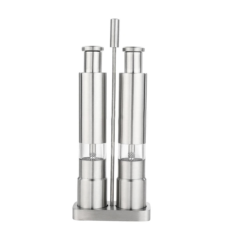 Description Picture 3 of itemSpice Salt And Pepper Grinder Set Spice Grinder Pepper Mill Shaker Thumb Press Stainless Steel 2 Pack With Storage Stand