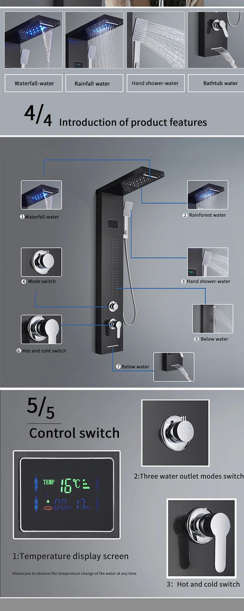 Description Picture 4 of itemLED Light Waterfall Shower Faucet SPA Massage Jet Black Bathroom Shower Column System Rainfall Shower Panel Bidet Sprayer Tap