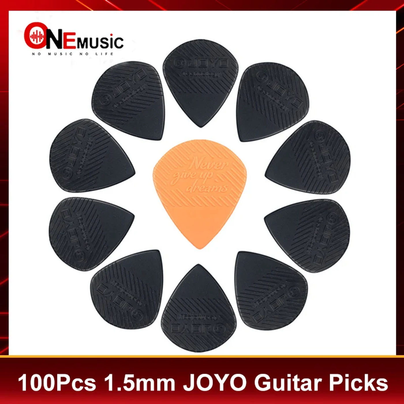 Description Picture 3 of item100pcs/lot JOYO Guitar Pick "Never Give Up Dreams" 1.5mm Thinckness Black/Orange