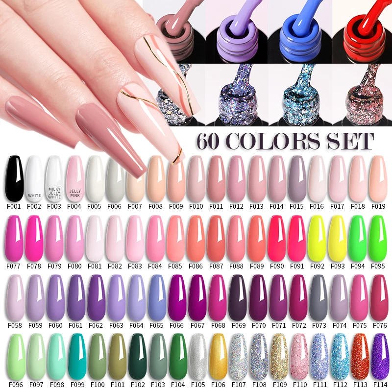 Description Picture 2 of itemLILYCUTE 20/60Pcs/Set Nail Gel Polish Set Kit Nude Pink Glitter Nail Art UV Gel Manicure Set Vernis Semi Permanent Base Top Coat