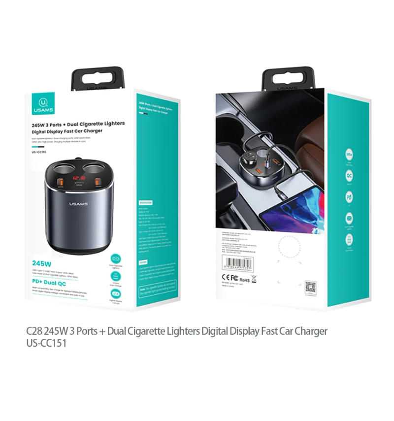 Description Picture 3 of itemUSAMS C28 Digital Display 245W Car Charger USB Type C 3 Ports And Dual Cigarette PD QC Fast Charging For iPhone Iconic Brand Huawei
