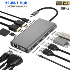 USB C Hub Triple Display Dual Monitor Adapter Laptop Hub USB C to 2 HDMI 4K VGA Ethernet 100W PD 4USB Audio for MacBook Pro OTG