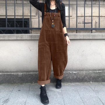 Vintage Corduroy Jumpsuits Women's Autumn Pants 2023 ZANZEA Casual Suspender Wide Leg Playsuits  Rompers Trousers