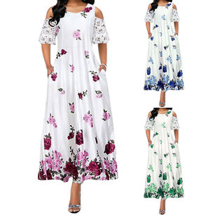 Women Fashion Lace Patchwork Sleeve Floral Print Large Hem Party Long Dress