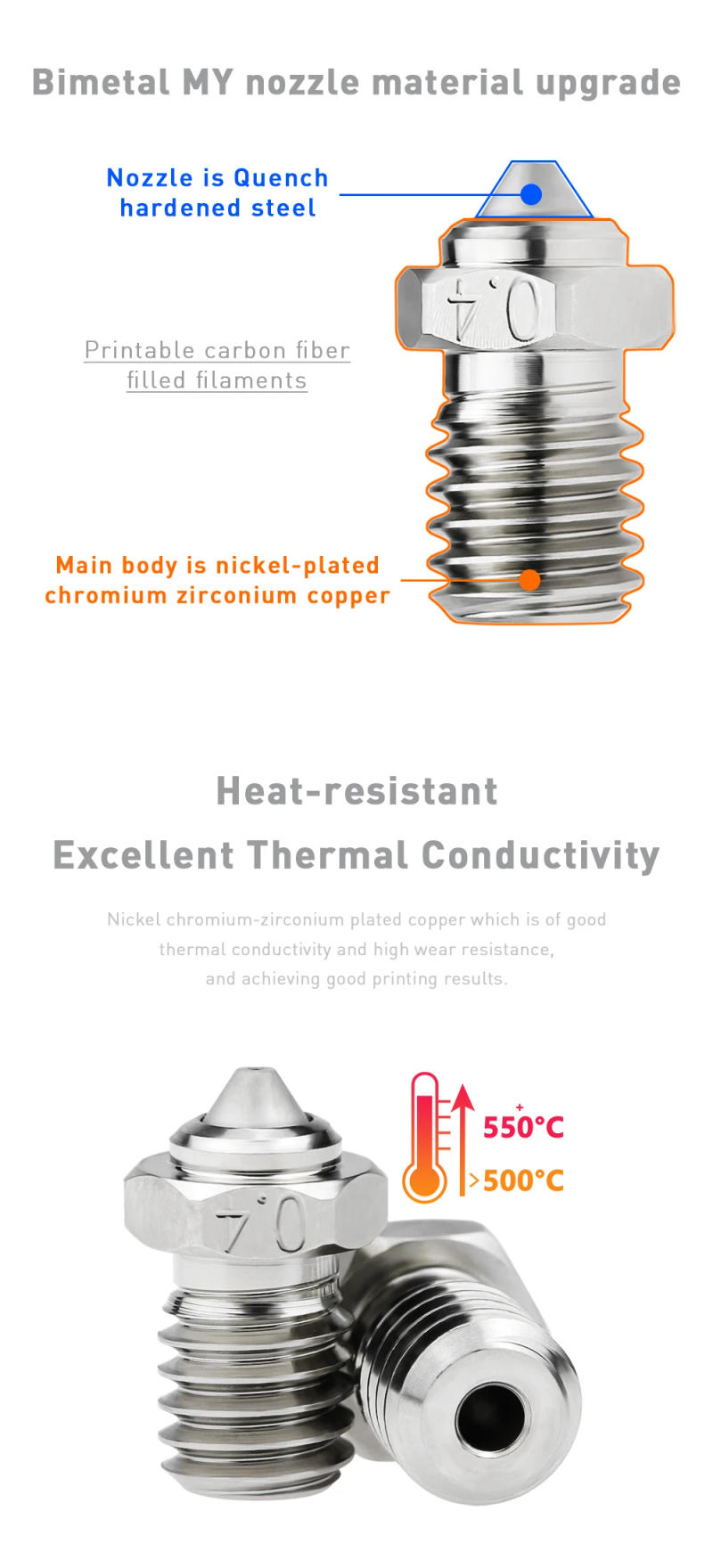 Description Picture 3 of itemE3D V6 Bimetallic MY Nozzle High quality V6 Nozzle High Temperature Resistance 0.4/0.6/0.8mm 1.75mm M6 For V6 V5 Hotend