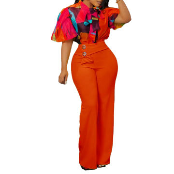 Summer Fashion OL Two Piece Set  African Women Printed Short-Sleeved Shirt High-Waisted Flared Pants TwoPiece Suit Women