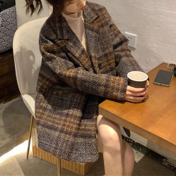 Korean Fashion Plaid Woolen Jacket Women Autumn Winter Warm Double Breasted Outwear Female Vintage Turn Down Collar Thicken Coat