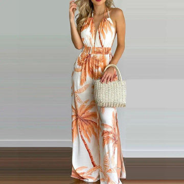 Elegant High Jumpsuit For Woman Long Pants 2023 Summer Vacation Sexy Casual Bodysuits Female Printed Strap Beach Bohemian Trouse