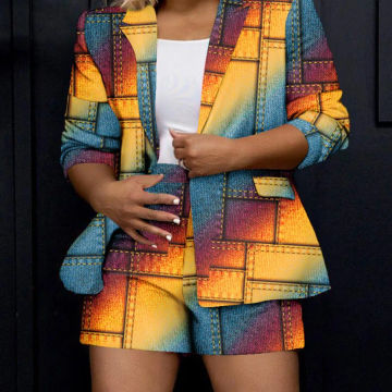 GLCMYAYA-Women's Printed Blazer and Shorts Set, Long Sleeve Tracksuit, Elegant Office Lady, 2 Piece Outfits, Fashion