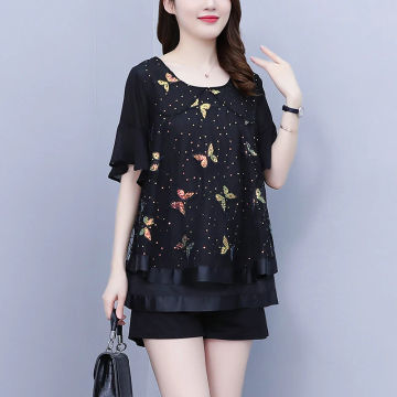 Summer 2022 womens fashion 2 peice sets Women's Suit two piece sets womens outifits Mesh Sequin Butterfly blouse shorts sets 5XL