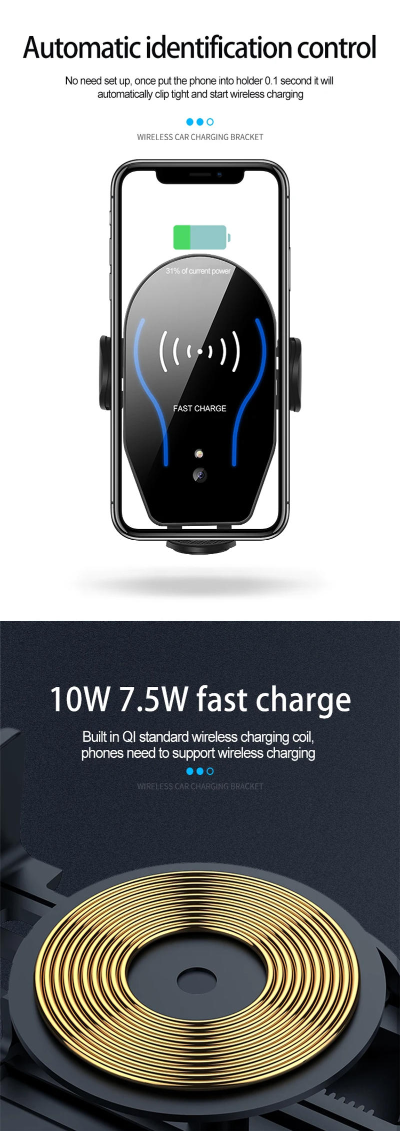 Description Picture 3 of itemCar Wireless Charger Infrared Smart Sensor Fast Charge Micro Type-c Interface iPhone Samsung Google Mobile Phone Holder Anker