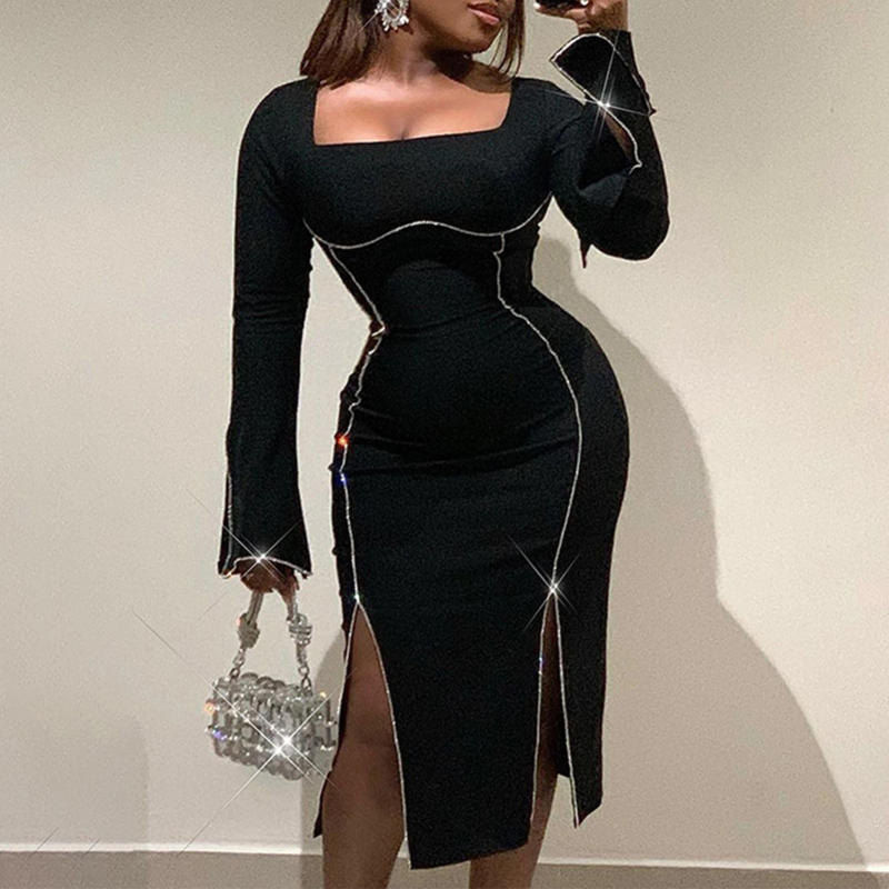 Description Picture 5 of itemWomen Long Sleeve Dress Sparkle Square Neck Dress Pullover Shiny Bodycon Dress Slim Fit Skinny Fashion Cocktail Party Dress