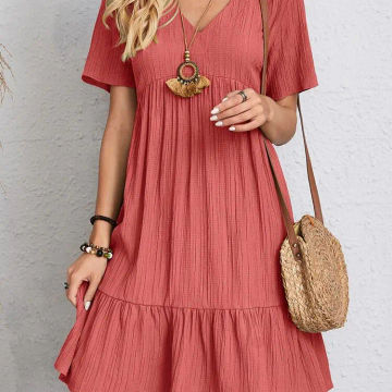 Women Elegant V Neck Ruffles Mini Dress Summer Vintage Solid Loose Sundress Bohemian Casual Solid Beach Party Vestidos 2023