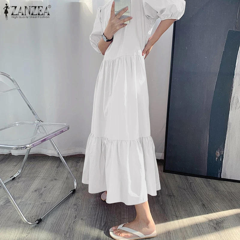 Description Picture 4 of itemZANZEA Bohemian Casual Holiday Vestidos Fashion Party Dress Summer Women V Neck Lantern Sleeve Sundress Femme White Dress Robe