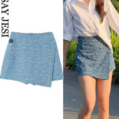 WESAY JESI TRAF Summer Culottes Woman 2023 Trendy Solid Color Floral Decorate High Waist Zipper Female Casual Denim Short Skirts