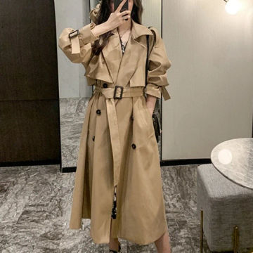 Windbreak Jacket Women Trench Coat Topcoat Double-breasted Casual Coat Pure Color Autumn Winter Overgarment Waistband Lapel Coat