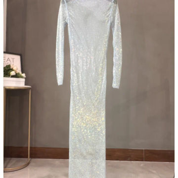 European and American Sexy Round Neck Rhinestone Dress Long Skirt Banquet Sparkling Slit Long Sleeve Color Diamond Hollow Dress