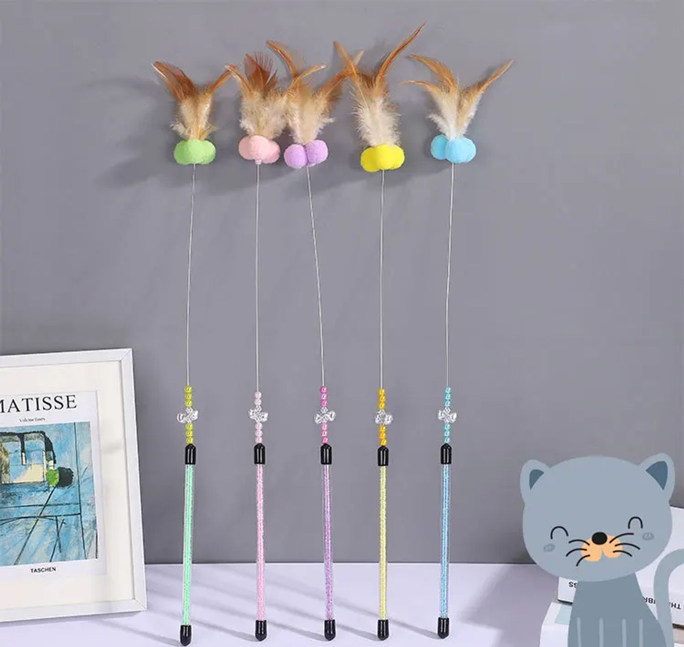 Description Picture 2 of itemMulticolor Cat Toy Cat Feather Toy Cat Tease Baseball Scratch Bite Feather Toy Wire Cat Stick Interactive Toy Bell Stick Pet Toy