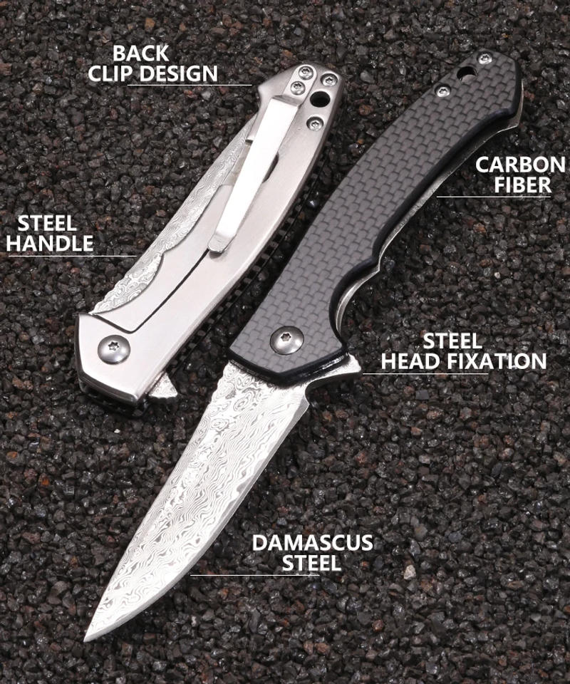 Description Picture 2 of item1pcs folding knife, carbon fiber and steel handle, with back clip design easy to carry, camping travel knife, fruit knife, gift